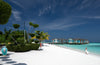 Beachfront with water villas and a clear blue sky