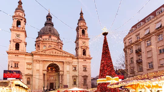St. Stephen's Basilica with Christmas market decorations in Budapest, Hungary.