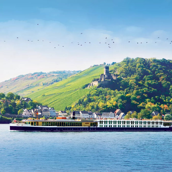 Cruise ship on a river with a scenic hillside and castle in the background