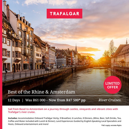 Advertisement for Trafalgar river cruises featuring a scenic view of Amsterdam with sunset.