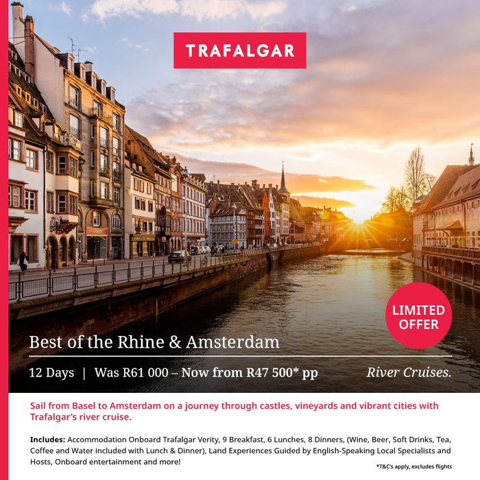Advertisement for Trafalgar river cruises featuring a scenic view of Amsterdam with sunset.