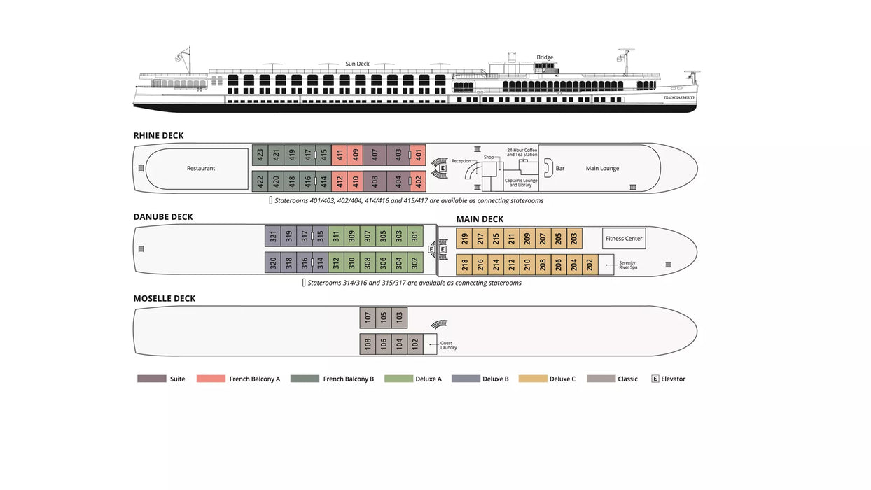 Diagram of a ship's deck layout with color-coded sections on a white background
